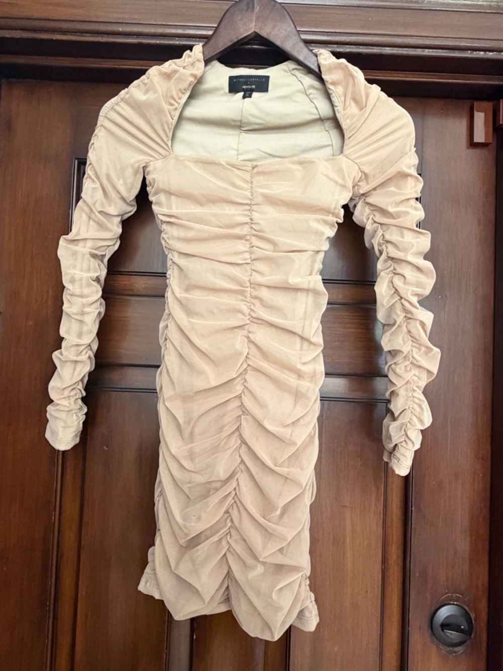 Ruched Beige Long Sleeve Mini Dress